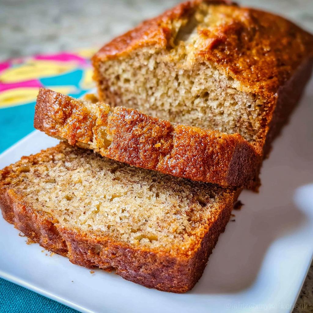 Two thick slices of moist Banana Bread with Sour Cream displayed next to the loaf on a white plate.