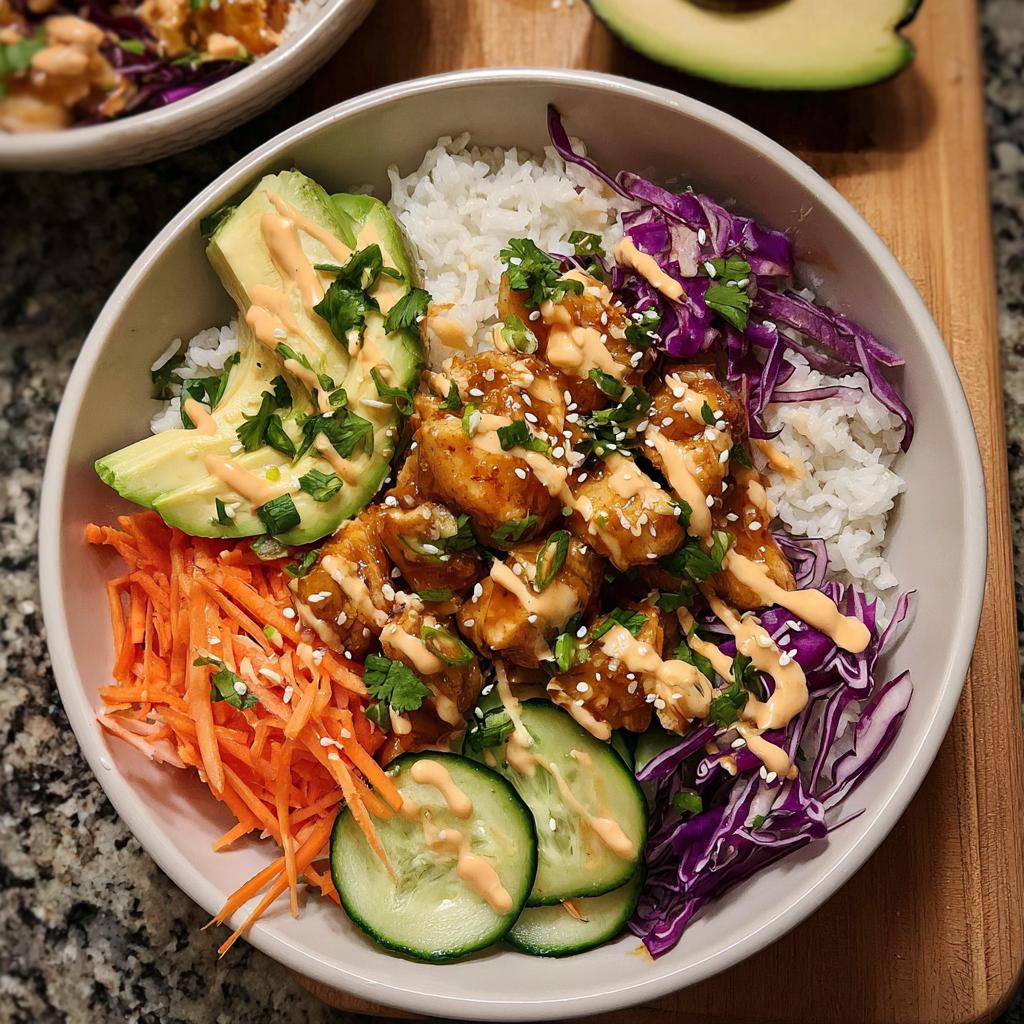 A vibrant Bang Bang Chicken Bowl featuring crispy chicken, white rice, avocado, shredded carrots, cucumber, and red cabbage, drizzled with sauce.