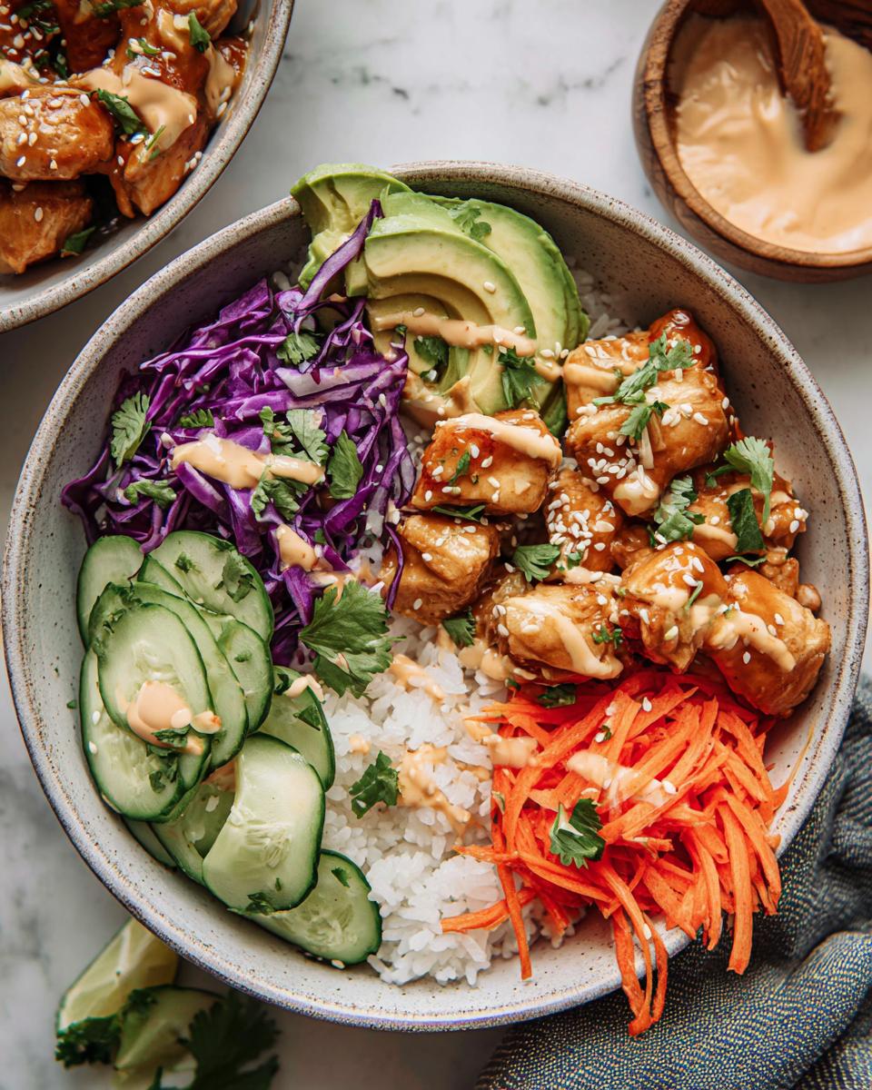 A vibrant Bang Bang Chicken Bowl featuring crispy chicken, white rice, avocado, shredded carrots, cucumbers, and purple cabbage.