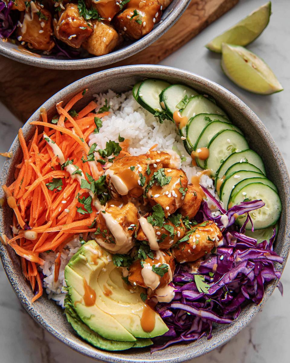 Close-up of a vibrant Bang Bang Chicken Bowl featuring rice, sauced chicken, shredded carrots, avocado, cucumber, and purple cabbage.