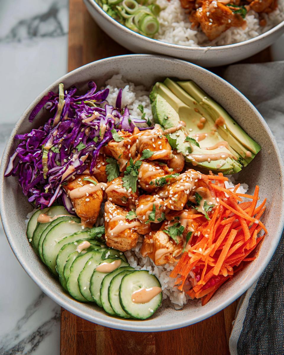 Close-up of a vibrant Bang Bang Chicken Bowl served over rice with sliced avocado, cucumbers, shredded carrots, and purple cabbage.