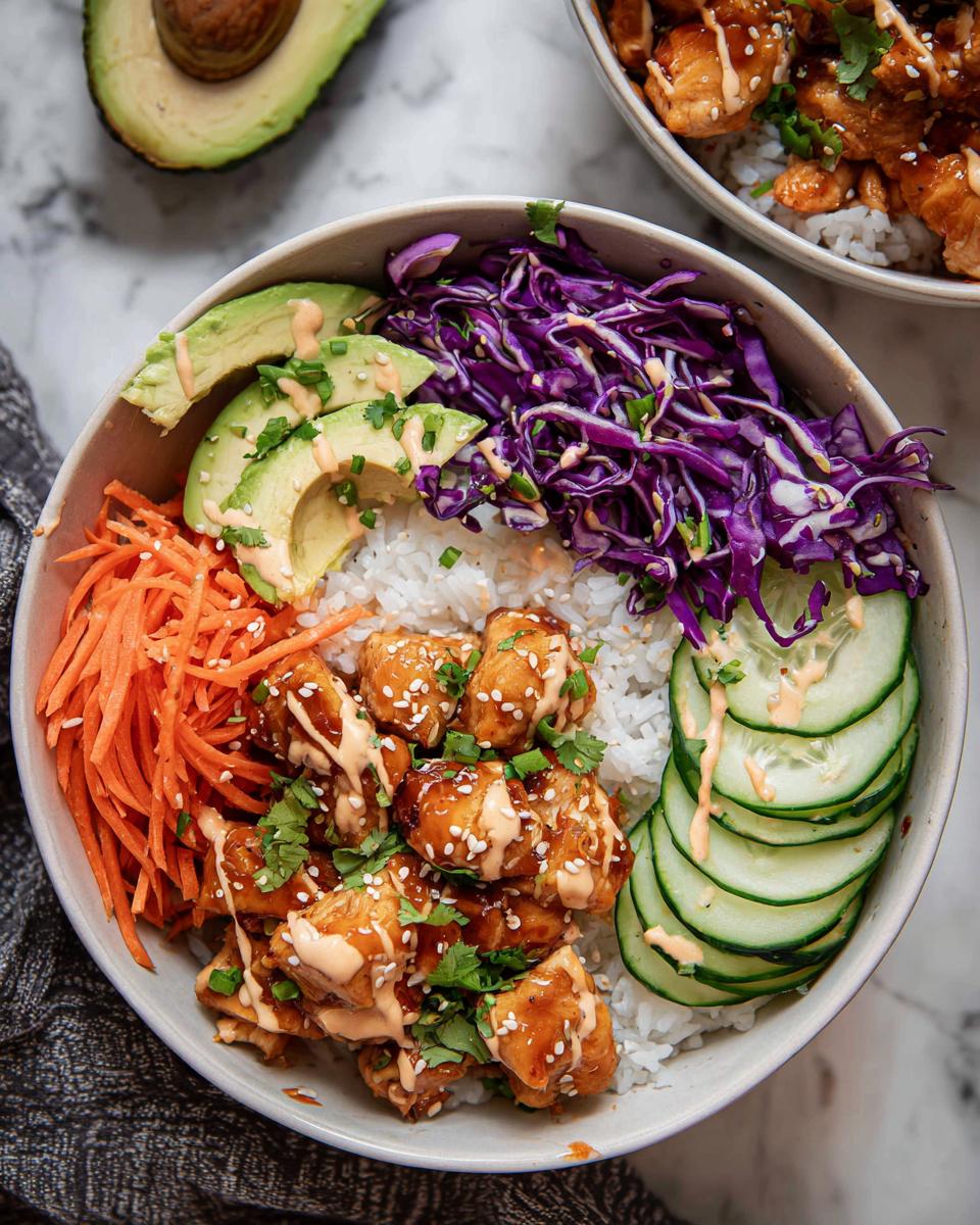 A vibrant Bang Bang Chicken Bowl featuring glazed chicken, white rice, avocado, shredded carrots, cucumber, and purple cabbage.