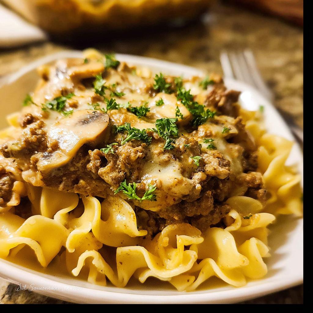A close-up of a serving of creamy beef mixture with mushrooms and melted cheese over egg noodles, reminiscent of a Beef Enchilada Casserole.