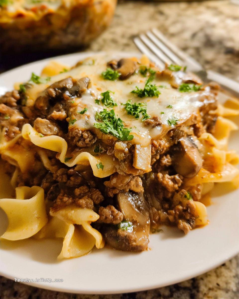 Close-up of a serving of Beef Enchilada Casserole layered with pasta, ground beef, mushrooms, and melted cheese.