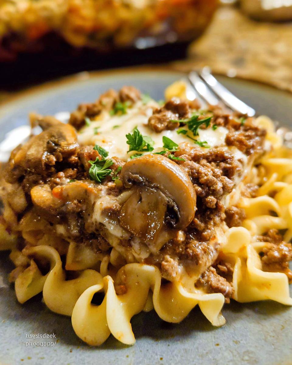Close-up of a serving of Beef Enchilada Casserole featuring ground beef, melted cheese, mushrooms, and egg noodles.