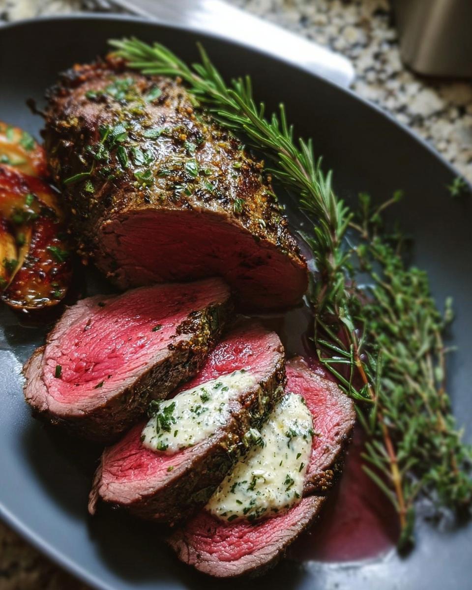 Slices of medium-rare Beef Tenderloin Roast topped with garlic herb butter and garnished with fresh rosemary and thyme.