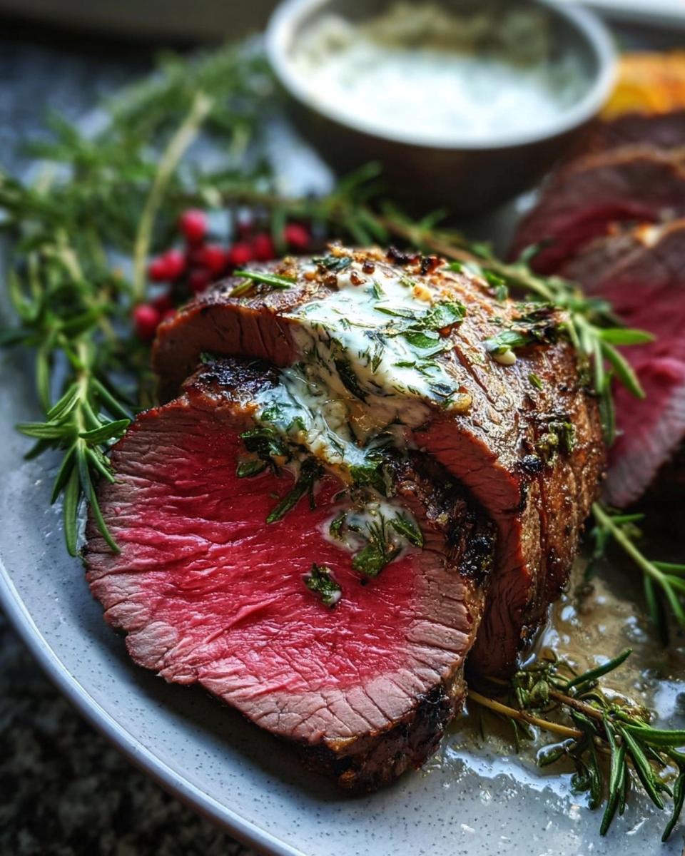 Close-up of a medium-rare Beef Tenderloin Roast with Garlic Herb Butter melting on top, garnished with rosemary.