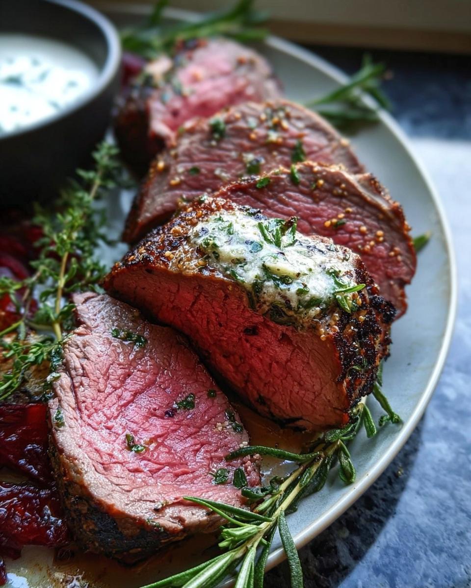 Close-up of perfectly medium-rare Beef Tenderloin Roast slices topped with melting garlic herb butter.