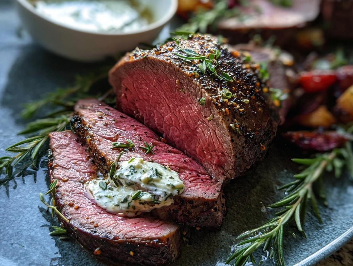 Close-up of sliced Beef Tenderloin Roast with a dollop of garlic herb butter and fresh rosemary garnish.