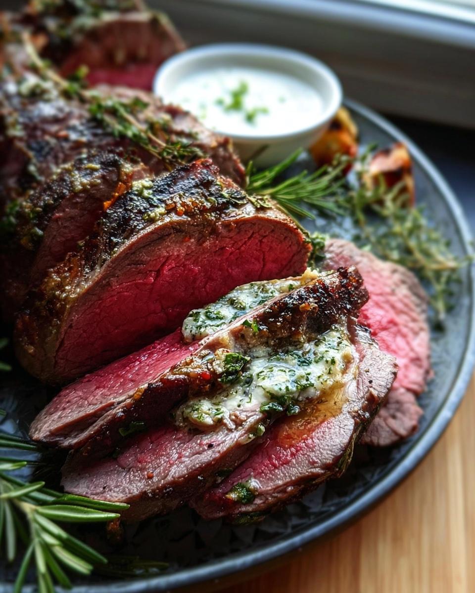 Slices of medium-rare Beef Tenderloin Roast topped with melting garlic herb butter, served with a side of white sauce.