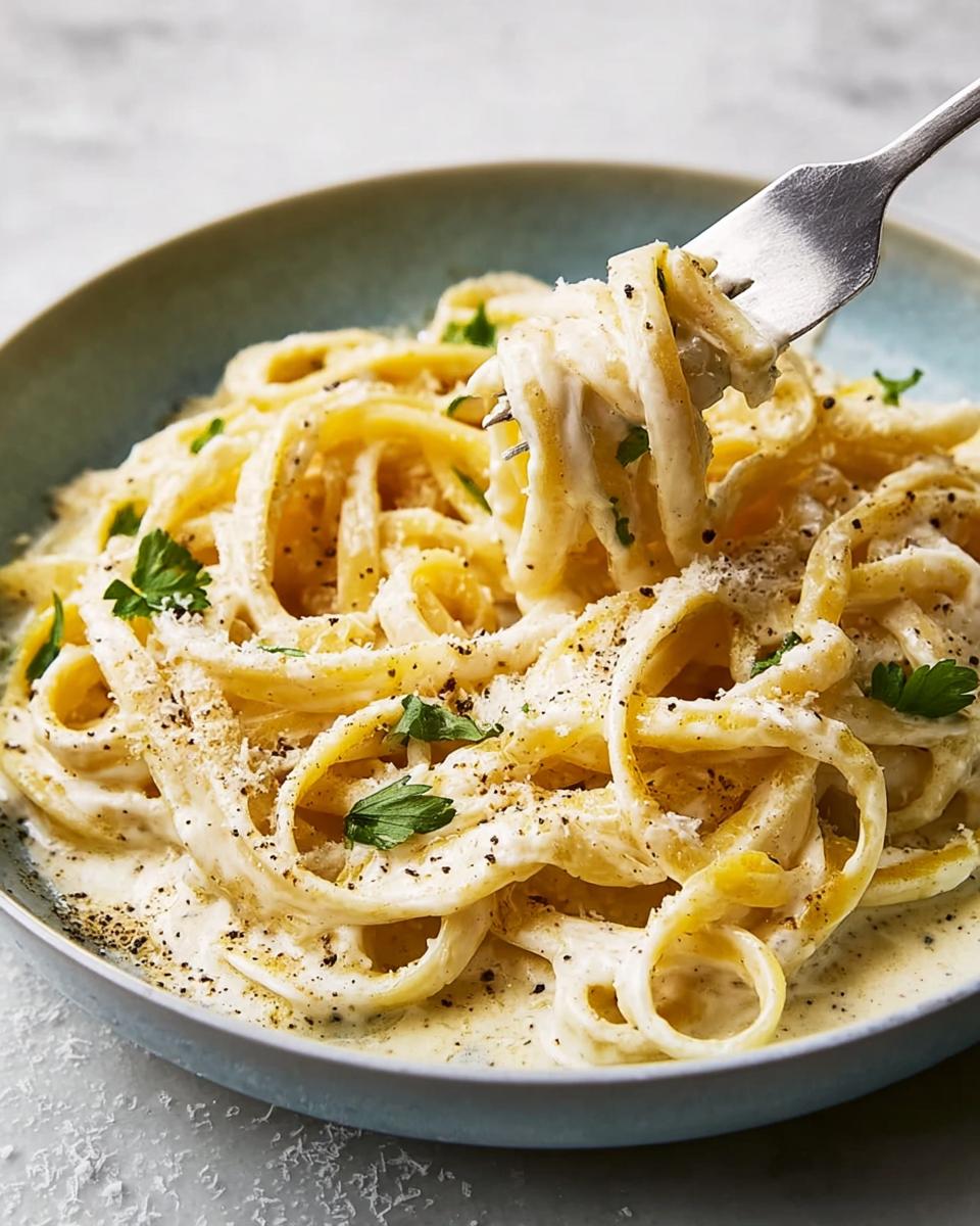 A fork lifting creamy fettuccine coated in the Best Alfredo Sauce Recipe Ever, garnished with black pepper and parsley.