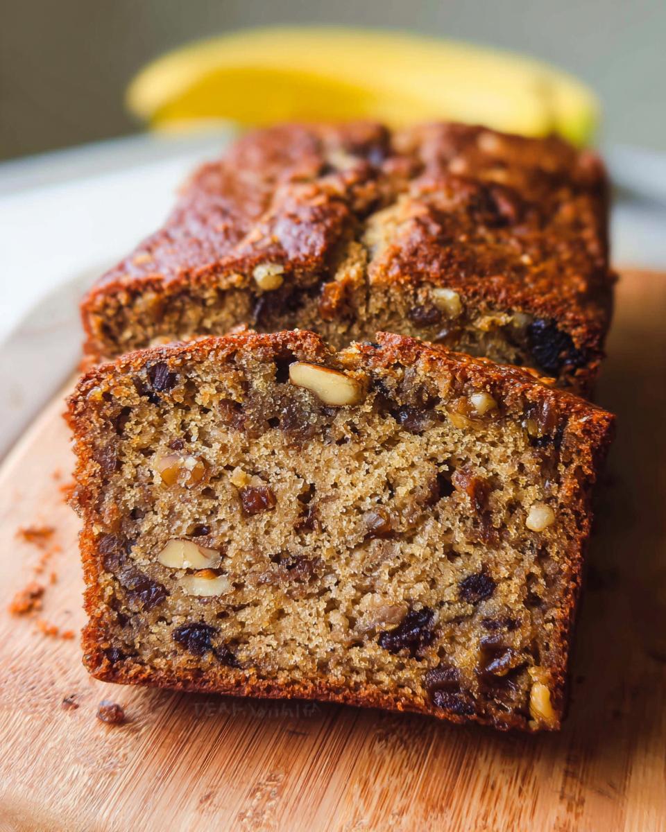 Close-up of a slice of Best Ever Banana Bread showing moist texture, nuts, and raisins.