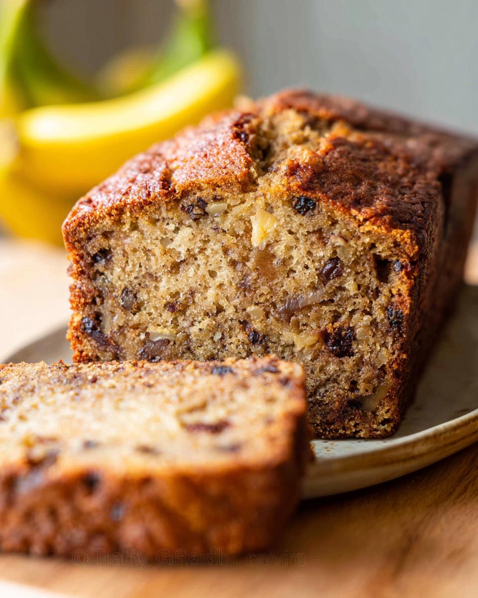 Close-up of a slice cut from the Best Ever Banana Bread, showing its moist texture, nuts, and raisins.