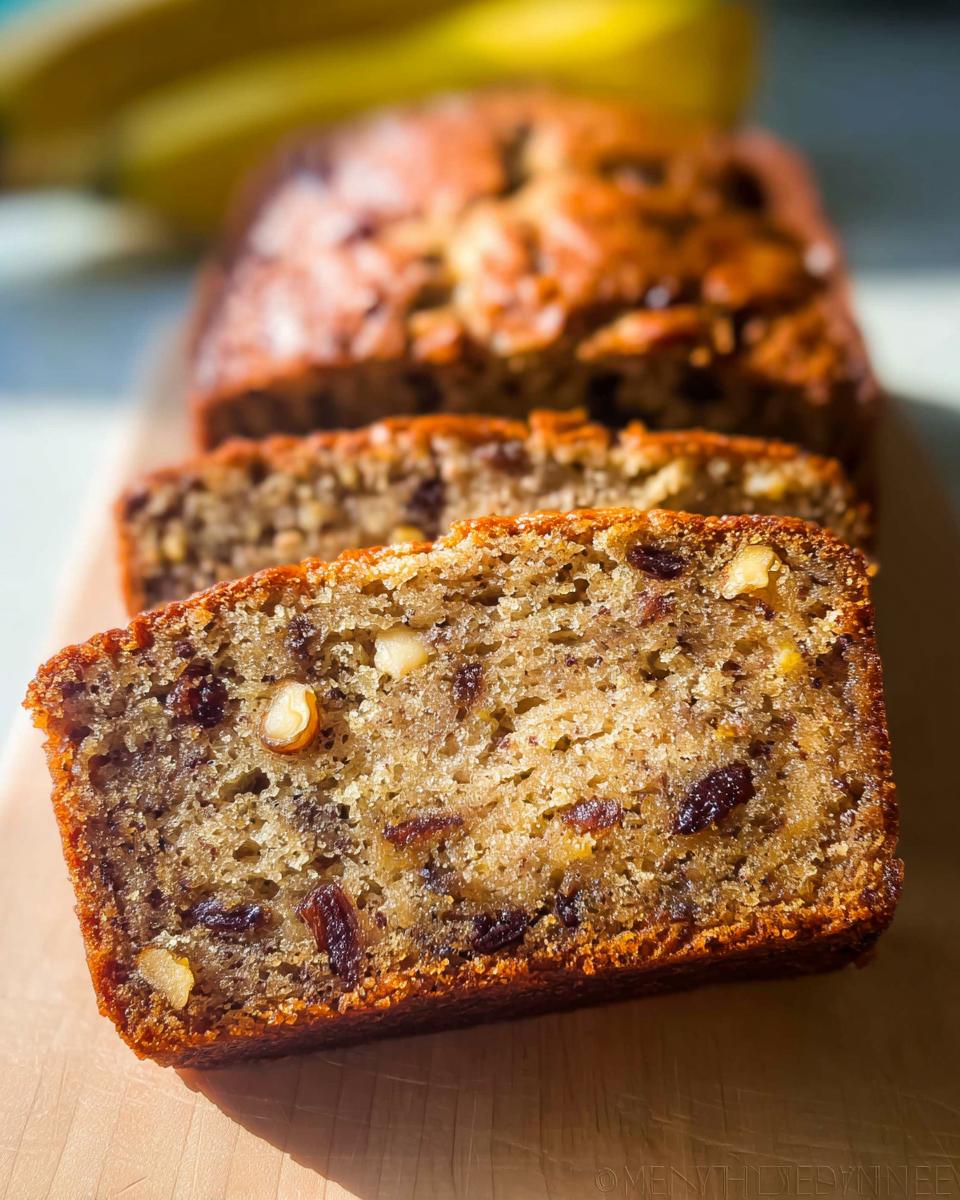 Close-up of a moist slice of Best Ever Banana Bread showing walnuts and raisins baked inside.
