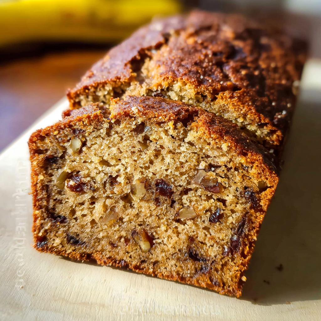Close-up of moist slices of Best Ever Banana Bread, showing walnuts and raisins baked inside.
