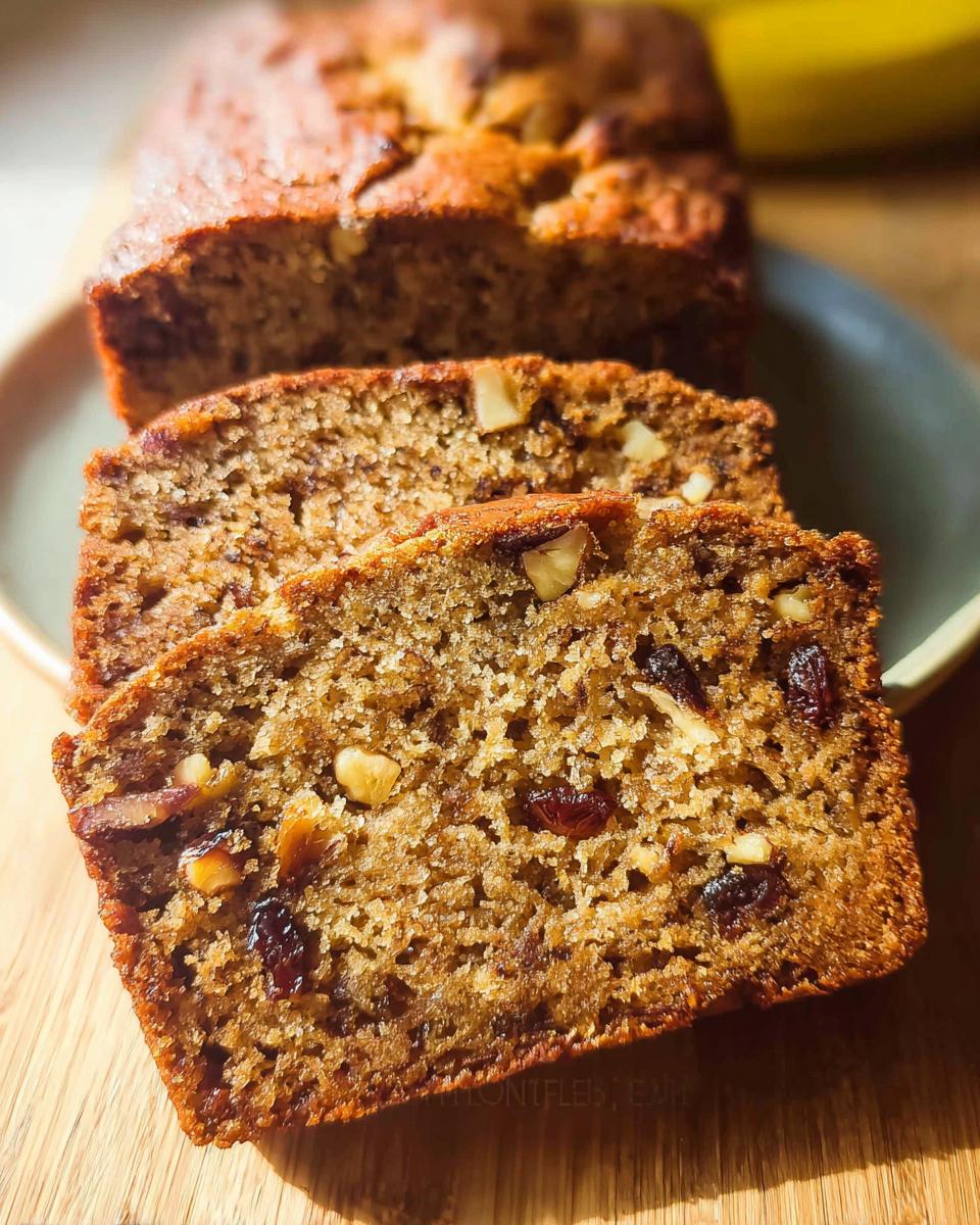 Close-up of three moist slices of Best Ever Banana Bread studded with walnuts and raisins.