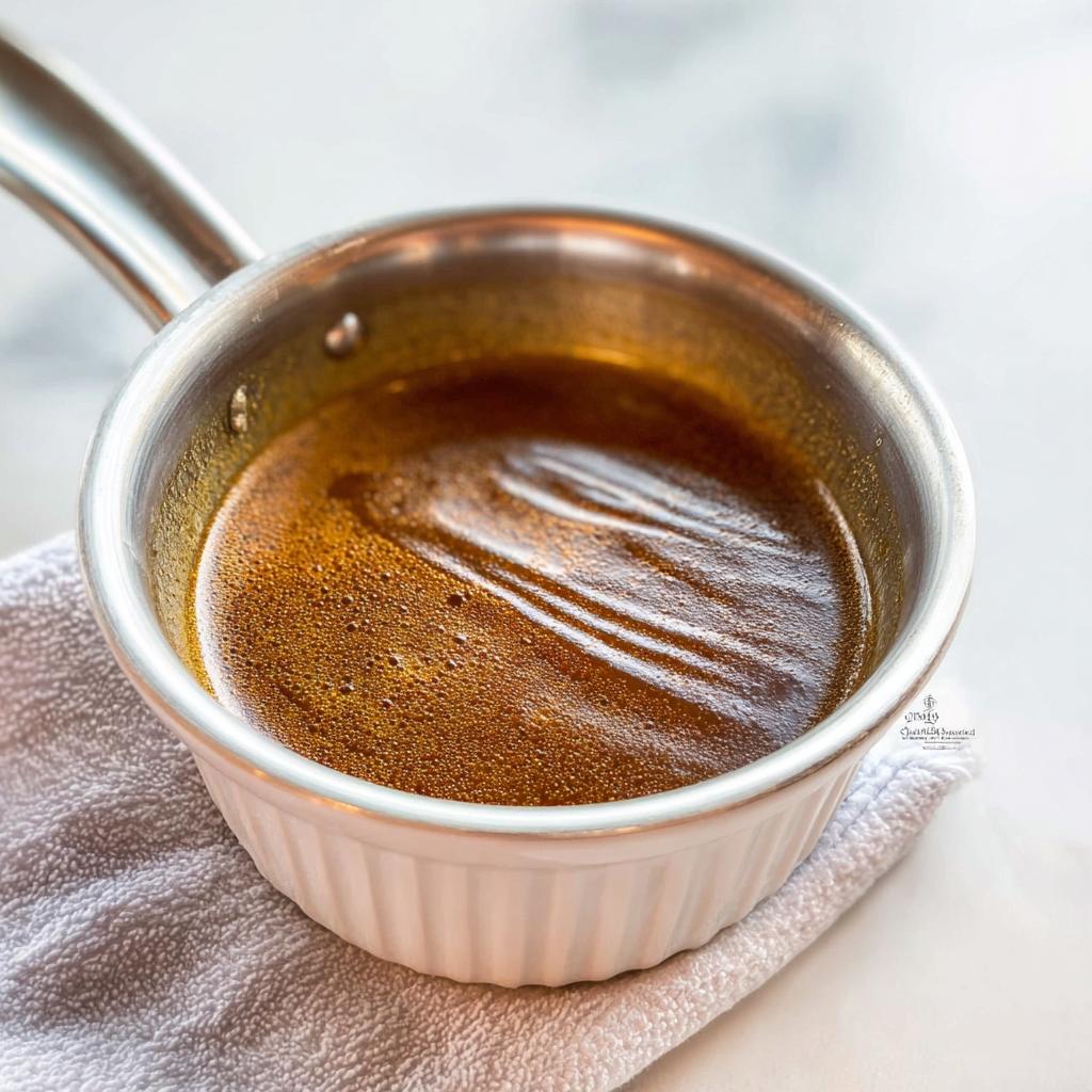 Close-up of rich, dark brown homemade Au Jus simmering in a small white ramekin with a metal handle.