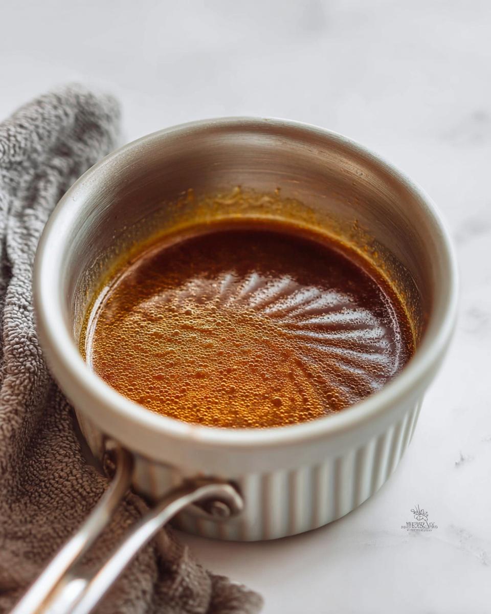 Close-up of rich, brown homemade Au Jus recipe simmering in a small white saucepan with a handle.