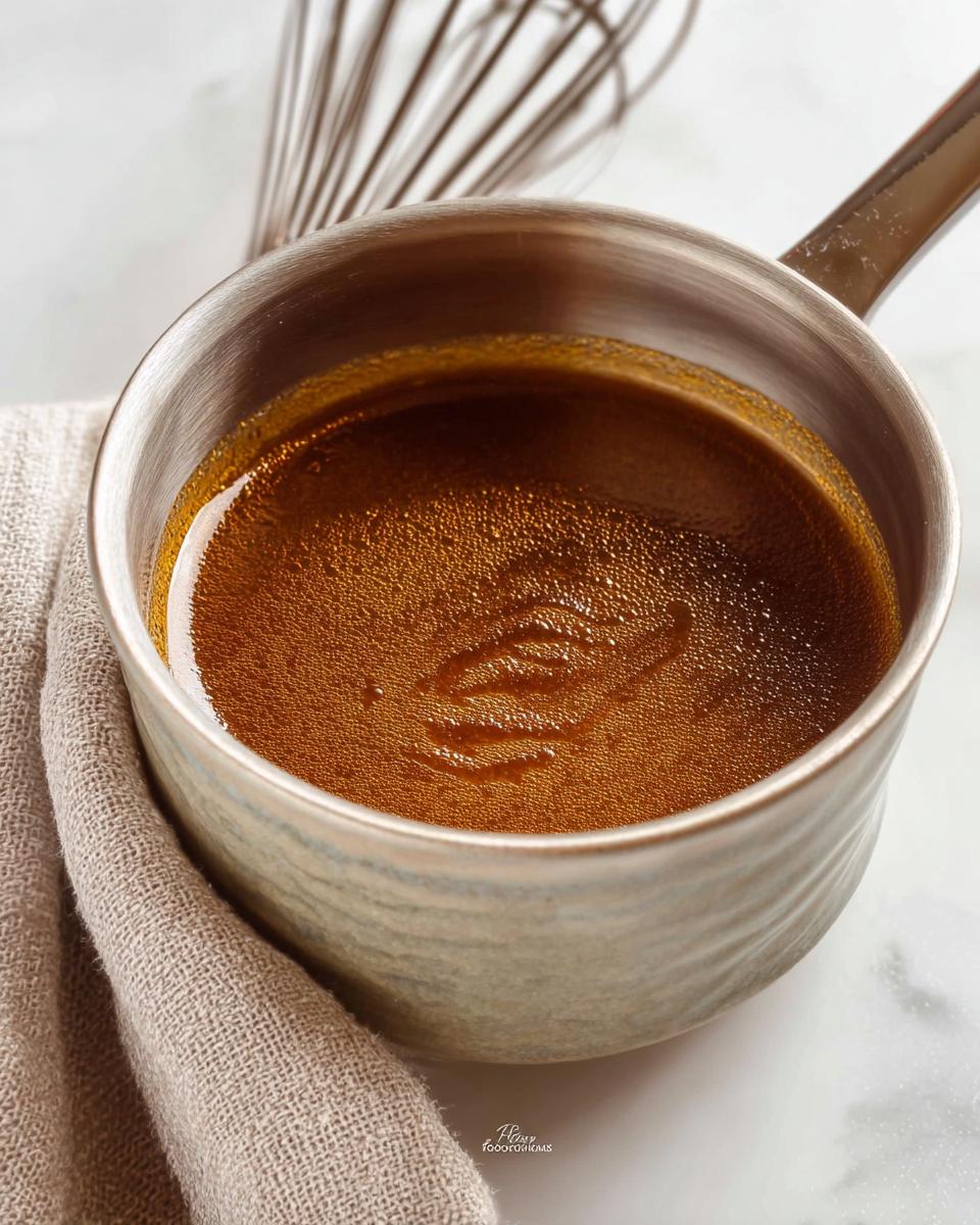 Close-up of rich, brown homemade Au Jus Recipe simmering in a small saucepan with a whisk in the background.