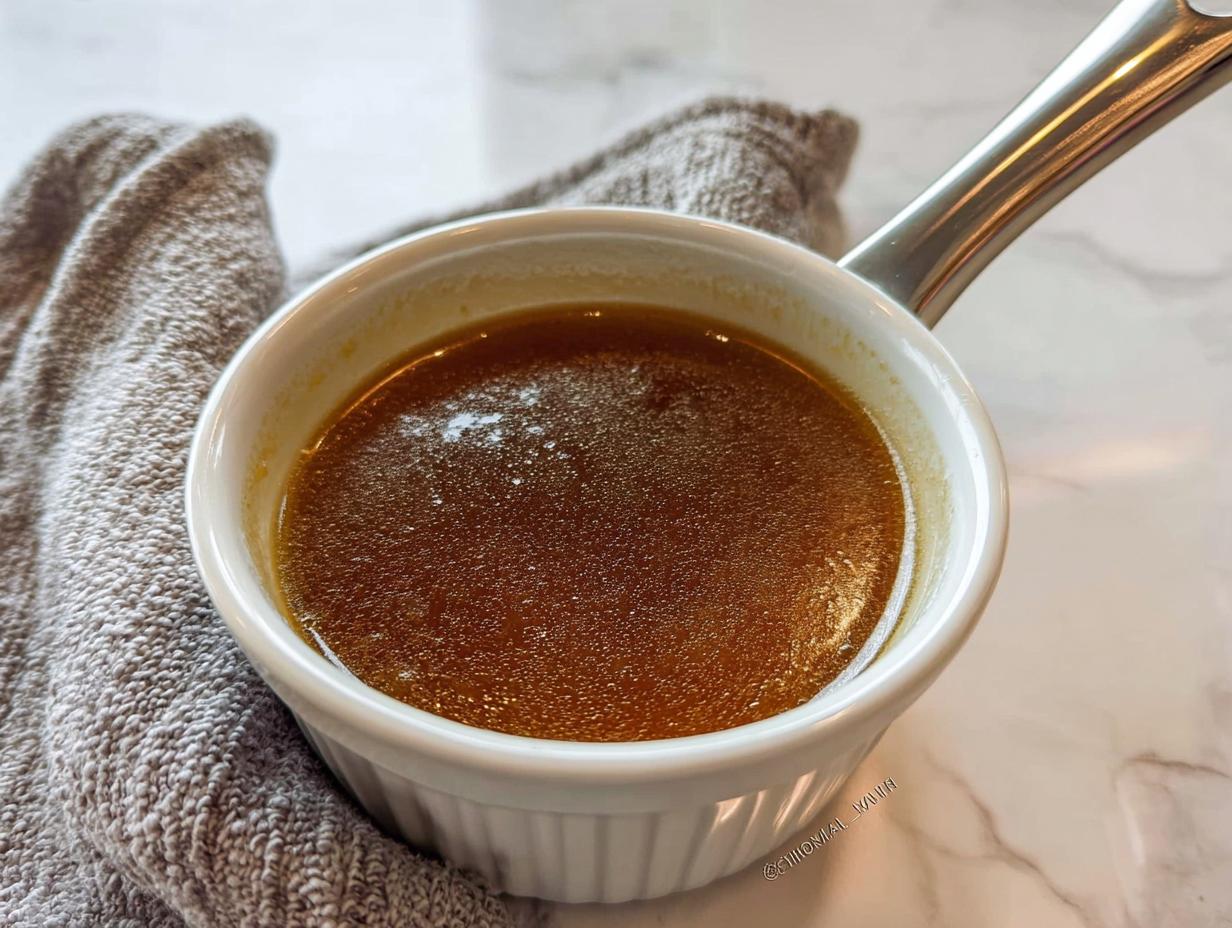 Close-up of rich, brown liquid for the Best Homemade Au Jus Recipe served warm in a white ramekin with a handle.
