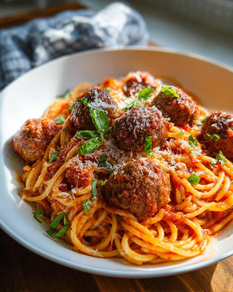 A close-up of The Best Italian Spaghetti and Meatballs, topped with grated Parmesan and fresh basil.