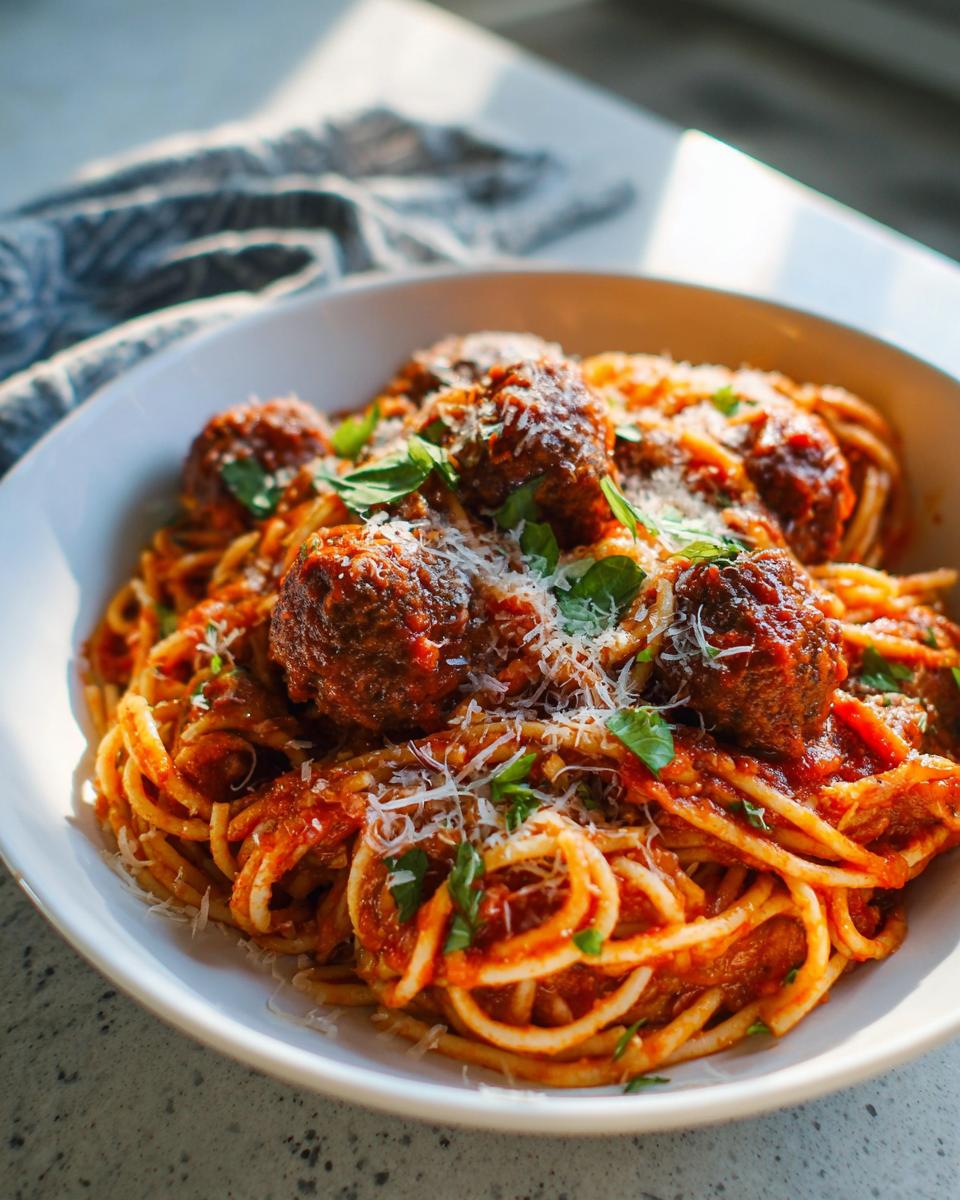 A close-up of The Best Italian Spaghetti and Meatballs coated in rich tomato sauce, topped with grated Parmesan and fresh basil.