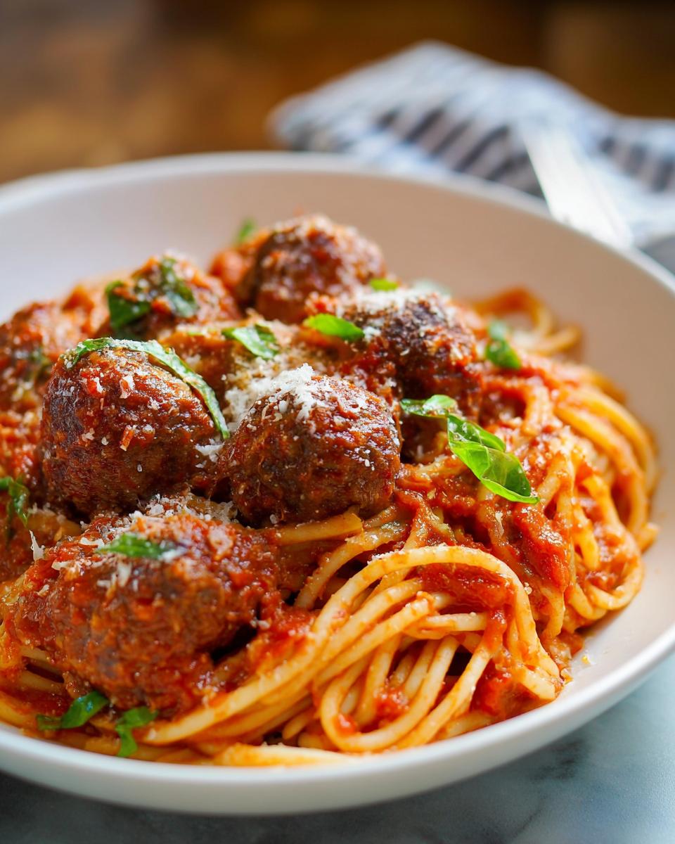A close-up of a white bowl filled with The Best Italian Spaghetti and Meatballs, topped with Parmesan cheese and basil.