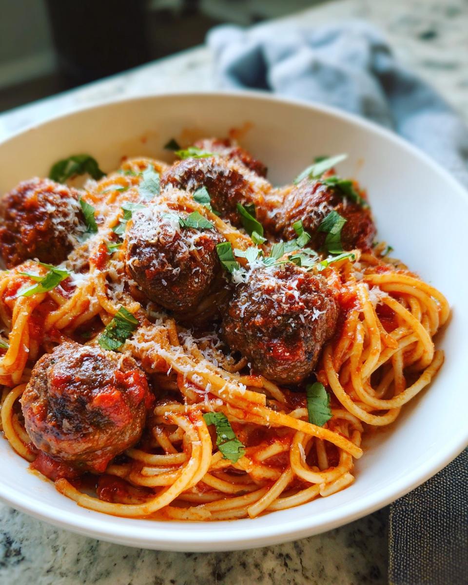 A close-up of The Best Italian Spaghetti and Meatballs coated in rich tomato sauce, topped with grated Parmesan and fresh basil.