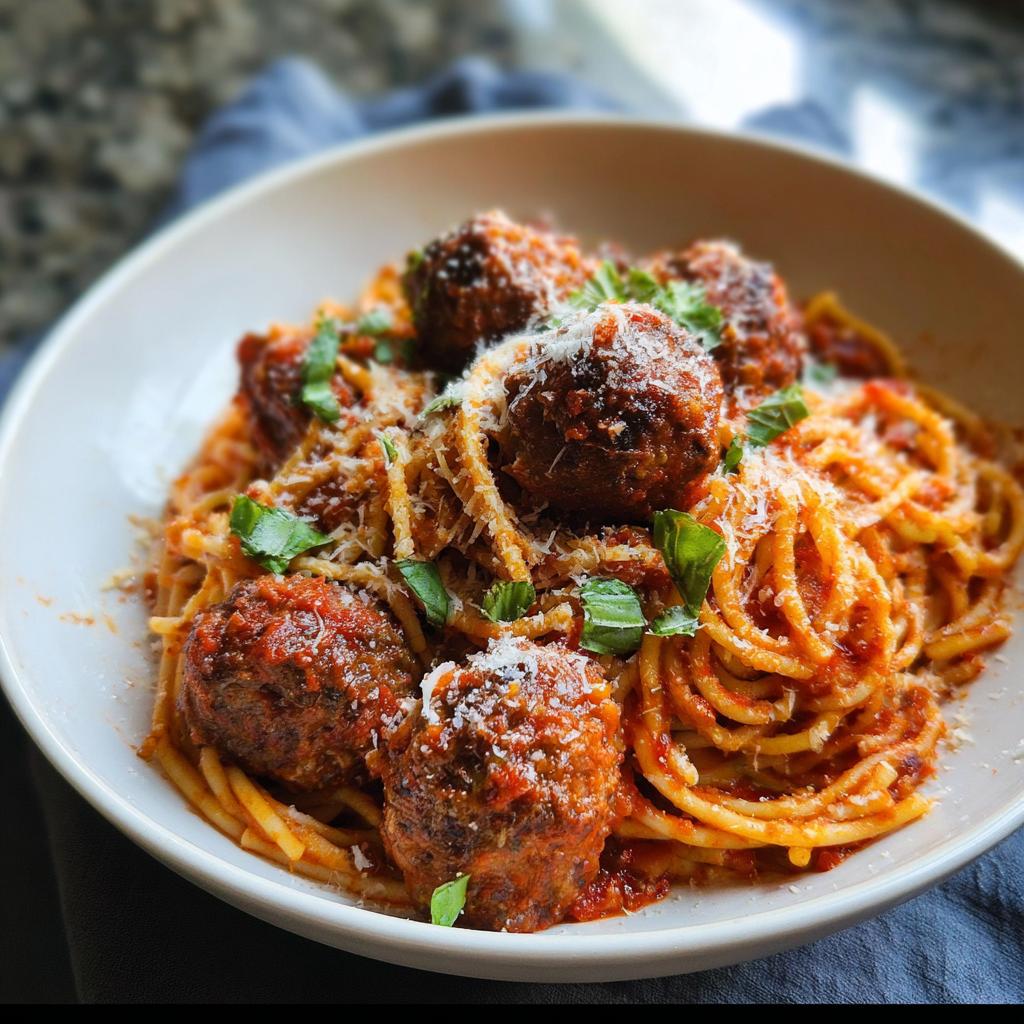 Close-up of a white bowl filled with The Best Italian Spaghetti and Meatballs, topped with Parmesan cheese and fresh basil.
