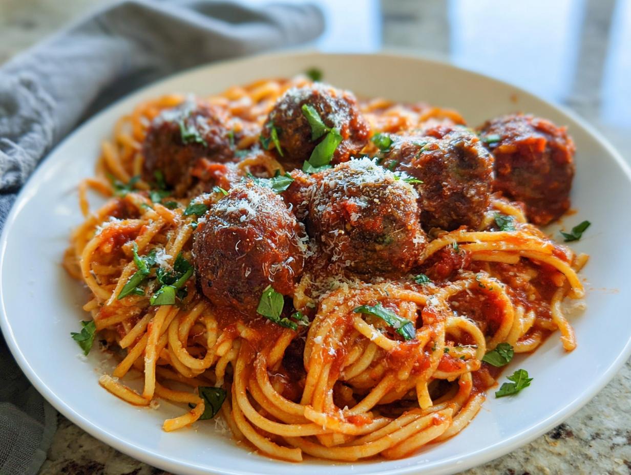 A plate of The Best Italian Spaghetti and Meatballs covered in rich tomato sauce, Parmesan cheese, and fresh basil.