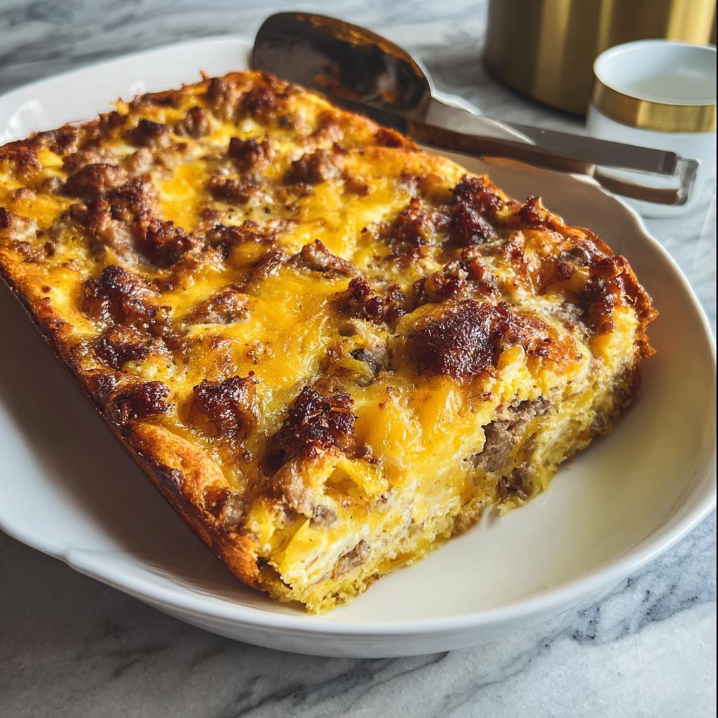 A golden-brown slice of the Best Sausage Egg Breakfast Casserole topped with melted cheese and sausage crumbles.