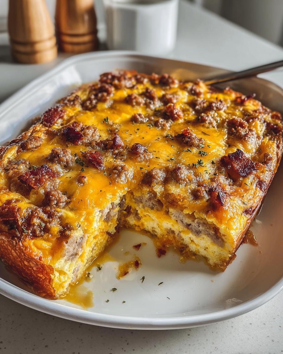 A square slice removed from the Best Sausage Egg Breakfast Casserole, showing layers of egg, sausage, and melted cheddar cheese.