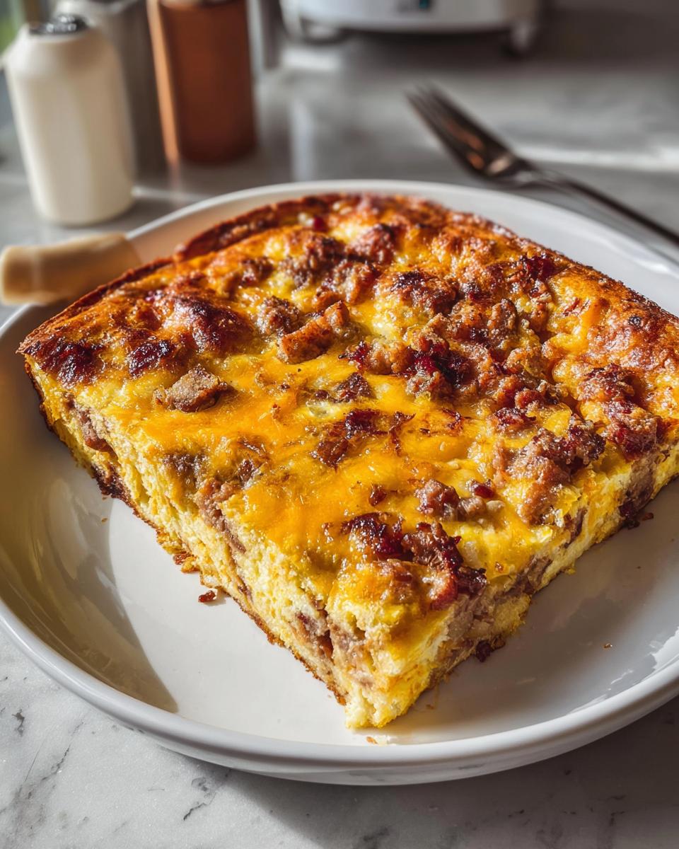 A square slice of Best Sausage Egg Breakfast Casserole topped with melted cheddar cheese and crumbled sausage.