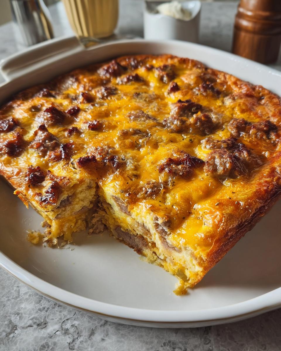 A square serving of the Best Sausage Egg Breakfast Casserole with a piece removed, showing layers of egg and sausage topped with melted cheese.