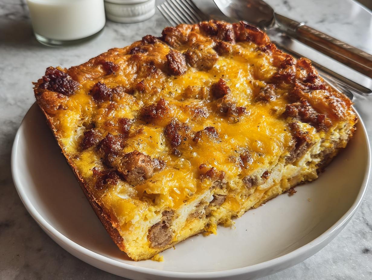 A hearty slice of the Best Sausage Egg Breakfast Casserole topped with melted cheddar cheese and browned sausage crumbles.