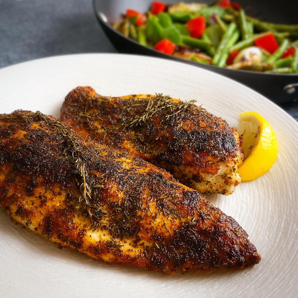 Two perfectly seasoned chicken breasts, resembling Texas Roadhouse Chicken, garnished with rosemary and a lemon wedge.