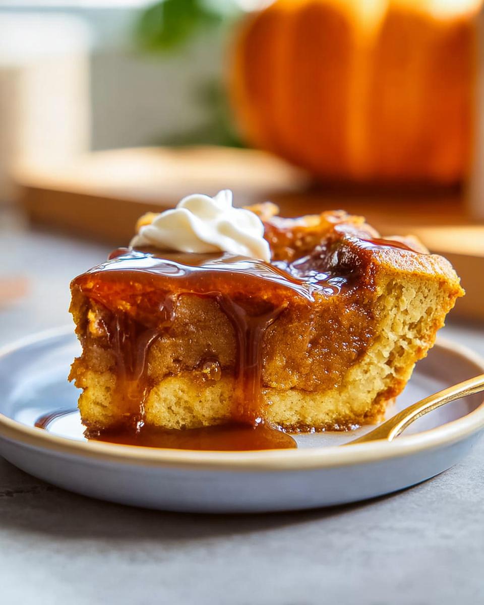 A slice of pumpkin bread, one of the best Thanksgiving desserts, topped with caramel sauce and whipped cream.