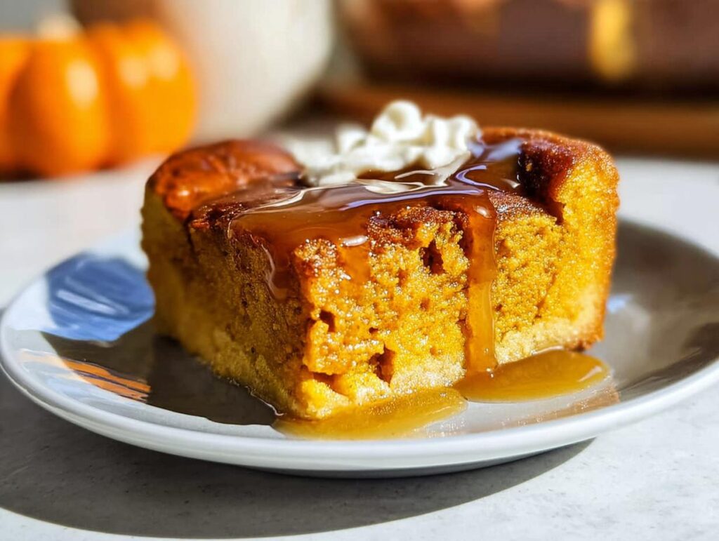 A slice of pumpkin cake, one of the best Thanksgiving desserts, topped with whipped cream and caramel sauce.