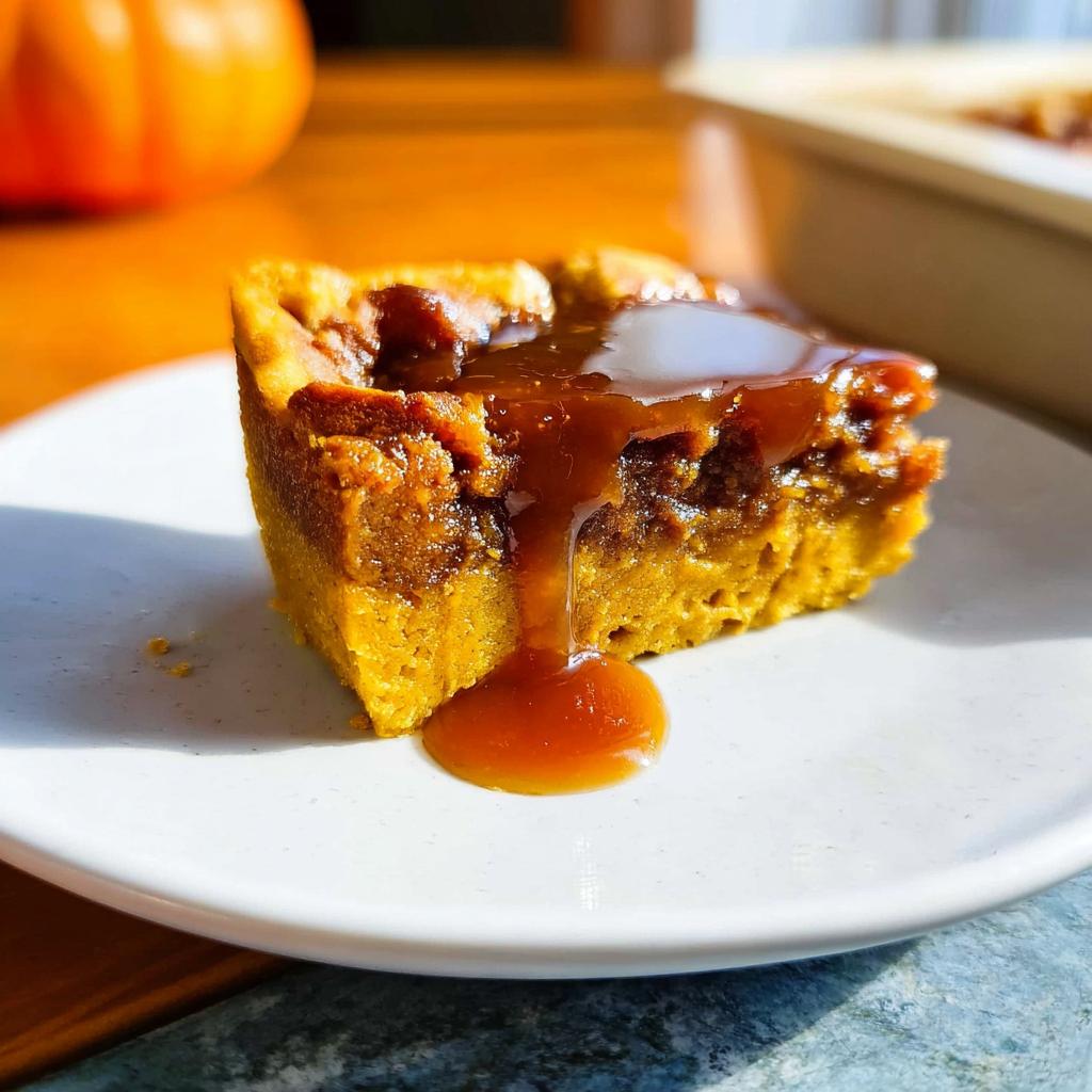 A slice of pumpkin dessert with caramel sauce dripping down, perfect for Best Thanksgiving Desserts.