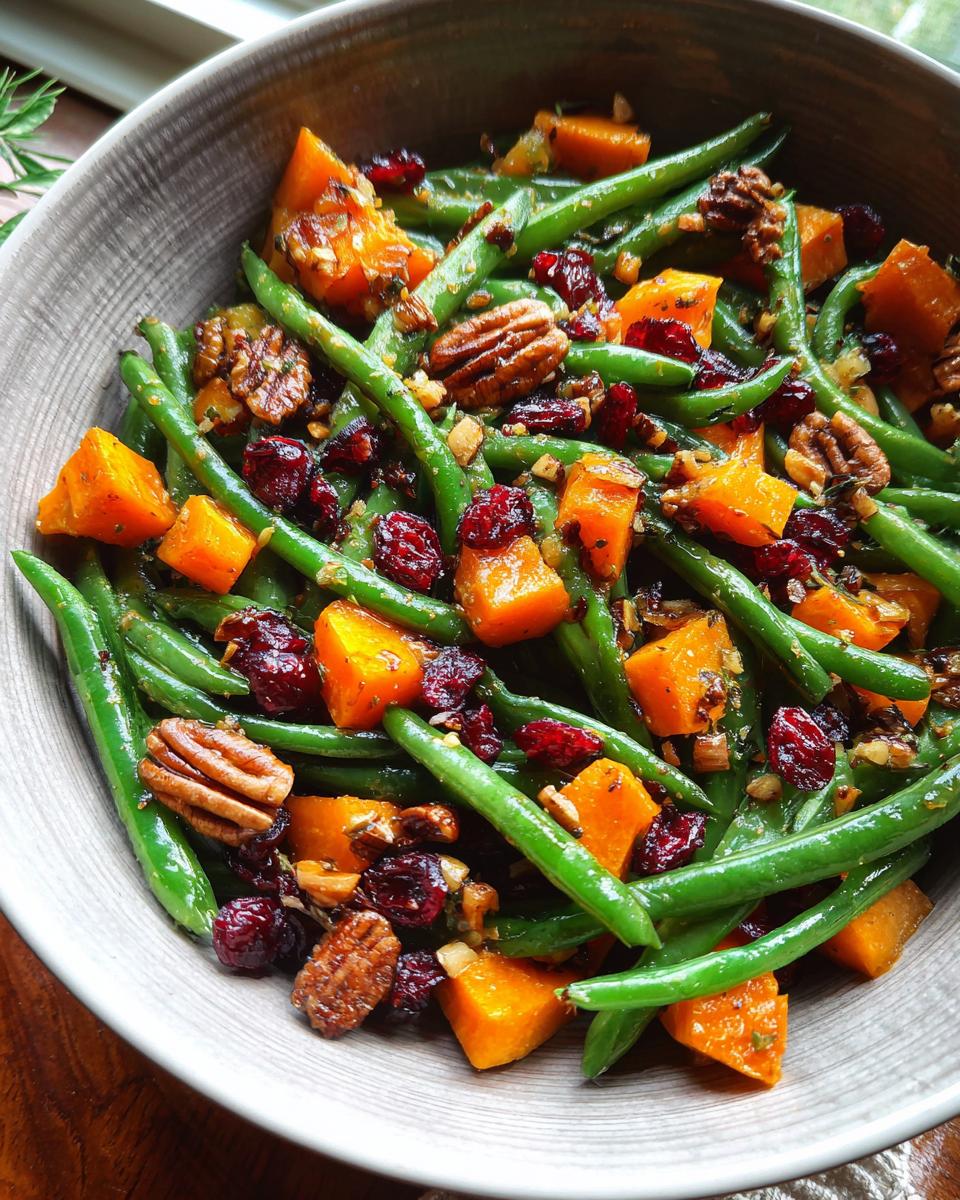 Close-up of Best Thanksgiving Green Beans with diced butternut squash, cranberries, and pecans in a bowl.