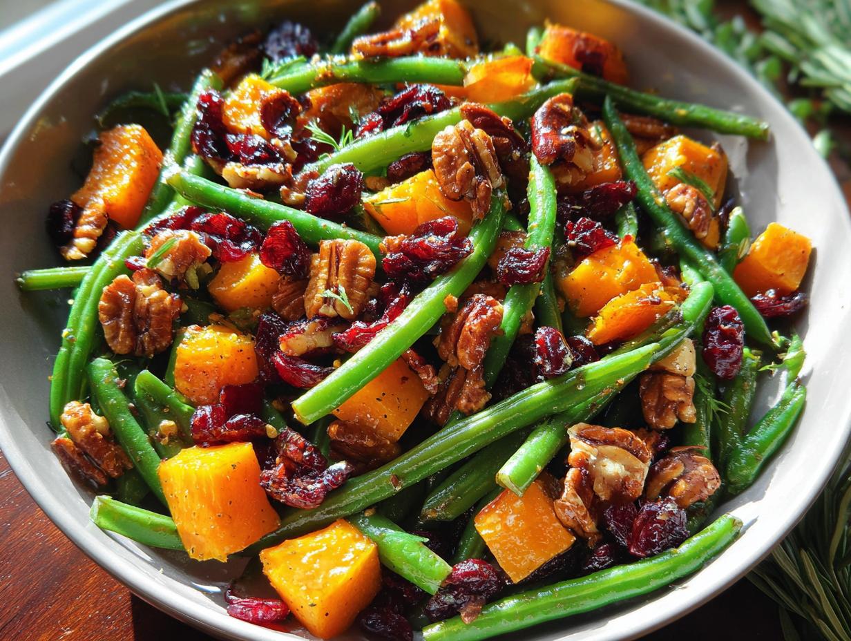 Close-up of Best Thanksgiving Green Beans dish with roasted butternut squash, dried cranberries, and toasted pecans.