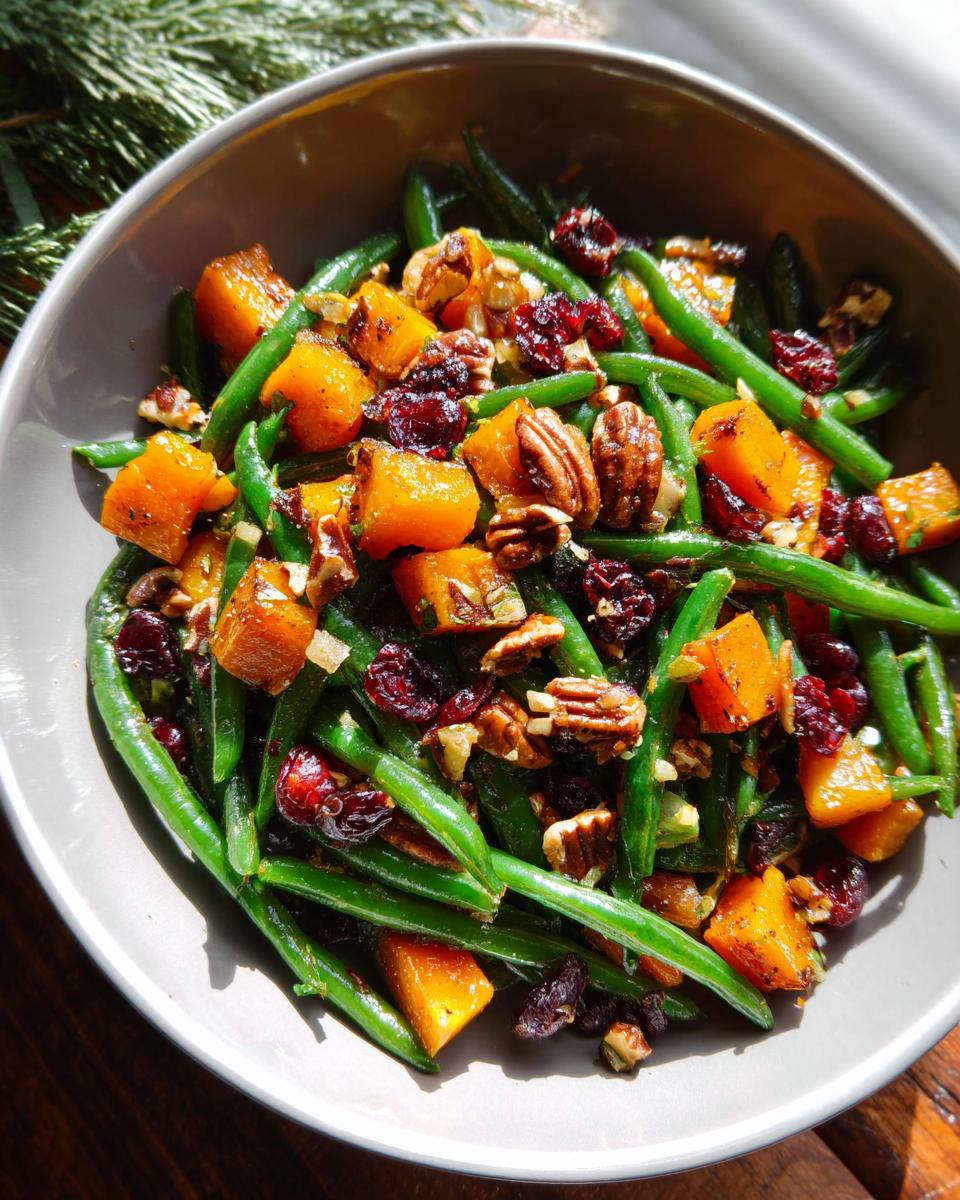 A bowl of Best Thanksgiving Green Beans mixed with roasted butternut squash cubes, dried cranberries, and pecans.