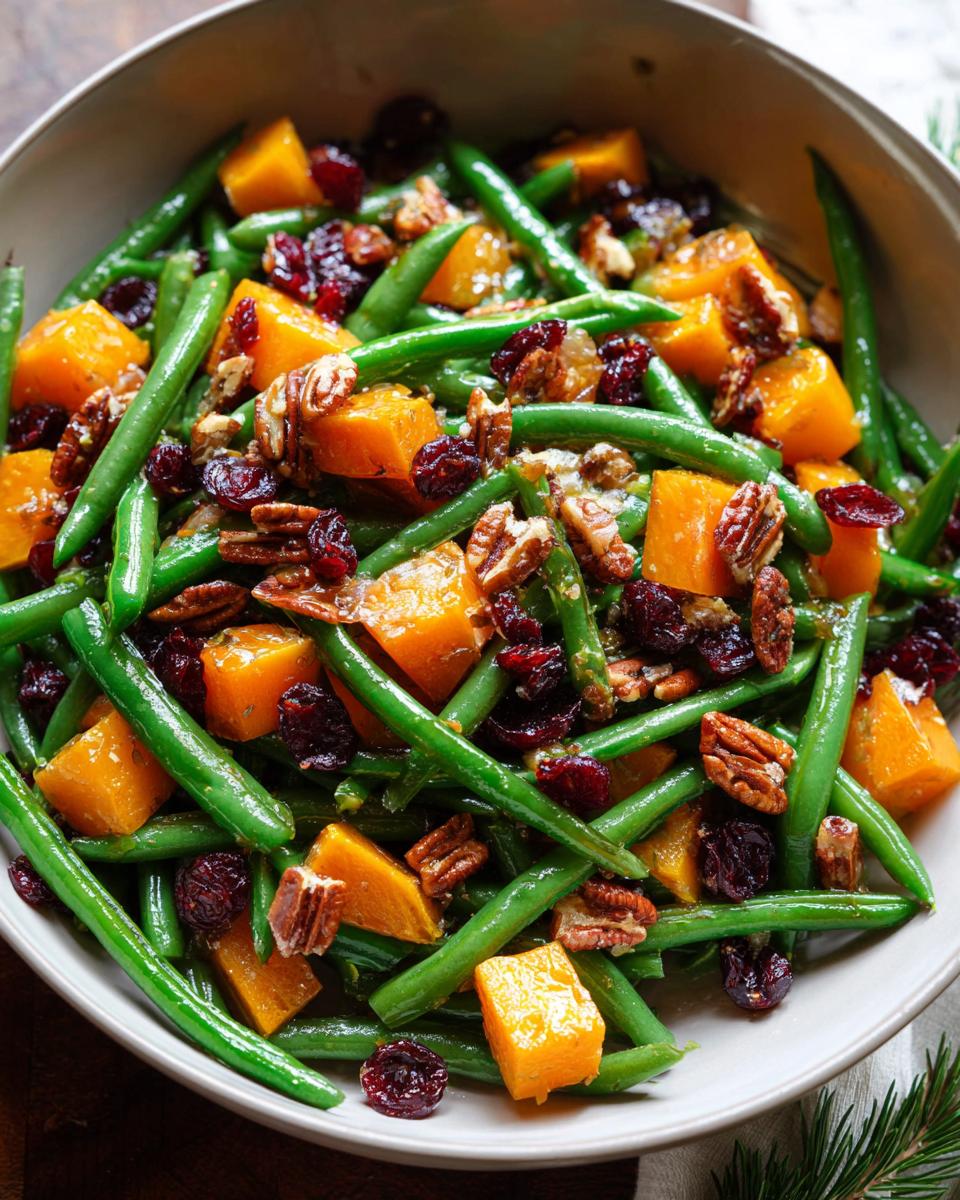 Close-up of Best Thanksgiving Green Beans salad with cubes of butternut squash, dried cranberries, and toasted pecans.
