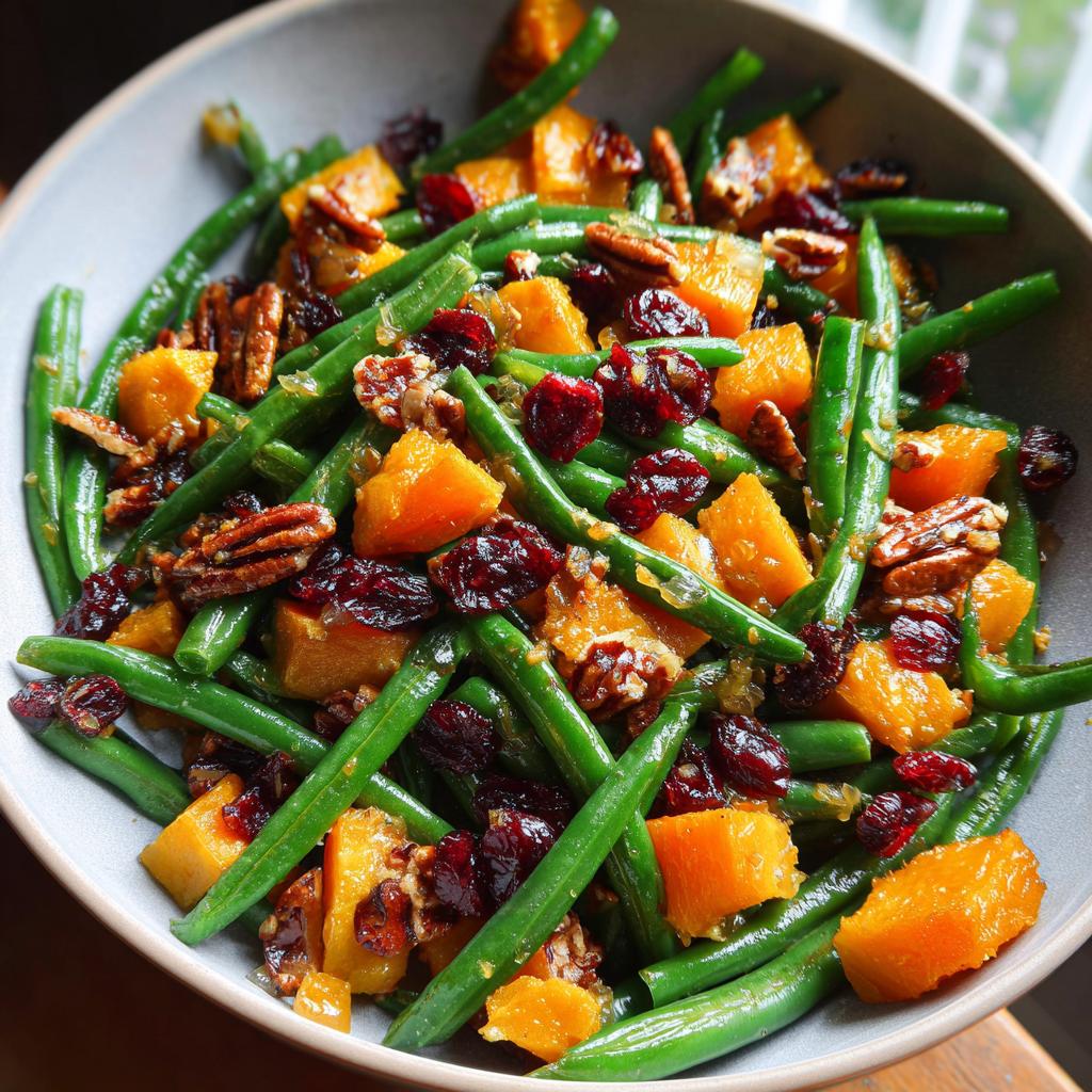 Close-up of Best Thanksgiving Green Beans 2025 salad with diced butternut squash, dried cranberries, and pecans in a bowl.