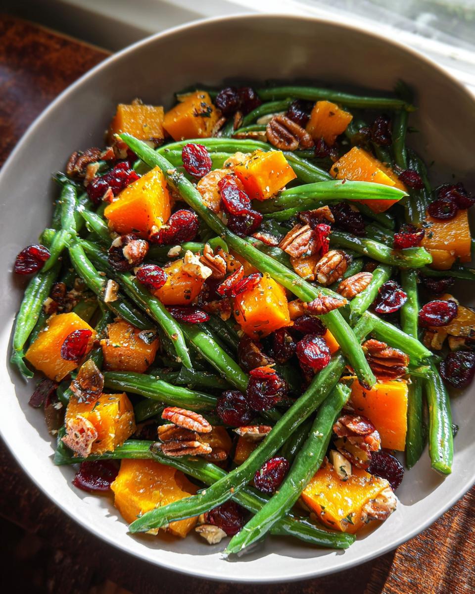 Close-up of Best Thanksgiving Green Beans with roasted butternut squash, dried cranberries, and pecans in a bowl.