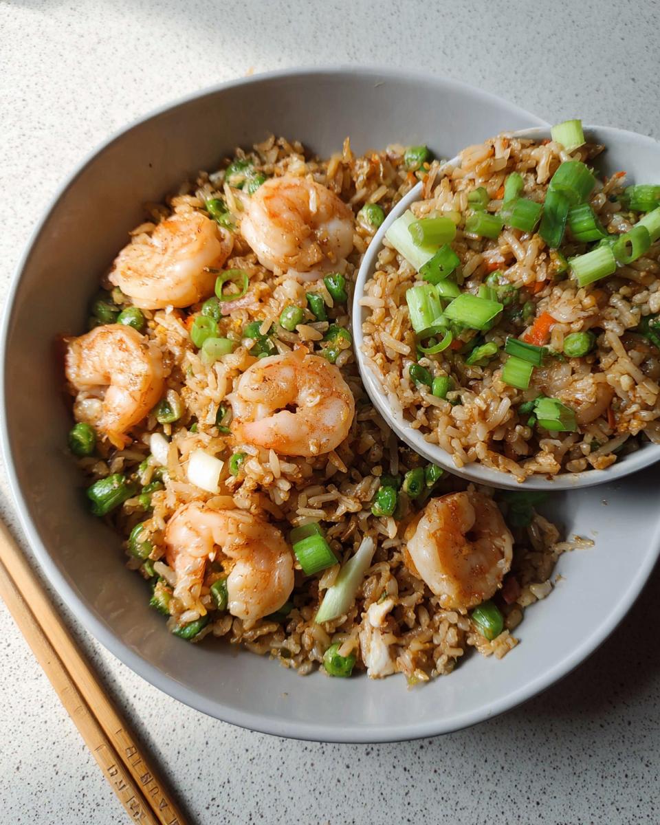 A close-up of a bowl of Better-For-You Shrimp Fried Rice, topped with plump shrimp, peas, and chopped scallions.