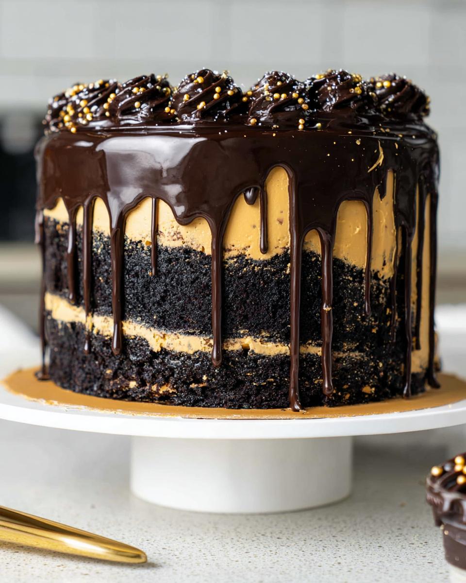 A tall, dark chocolate layer cake featuring peanut butter frosting, a rich chocolate ganache drip, and gold sprinkles, creating a Black and Gold Drip Cake.