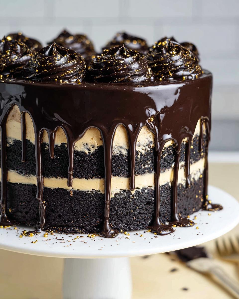 Close-up of a layered Black and Gold Drip Cake featuring dark chocolate layers, light filling, and glossy chocolate ganache drip.