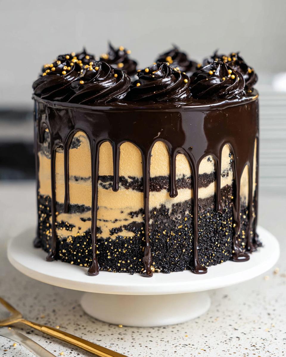 A tall, layered Black and Gold Drip Cake featuring dark chocolate ganache drips and gold sprinkles.