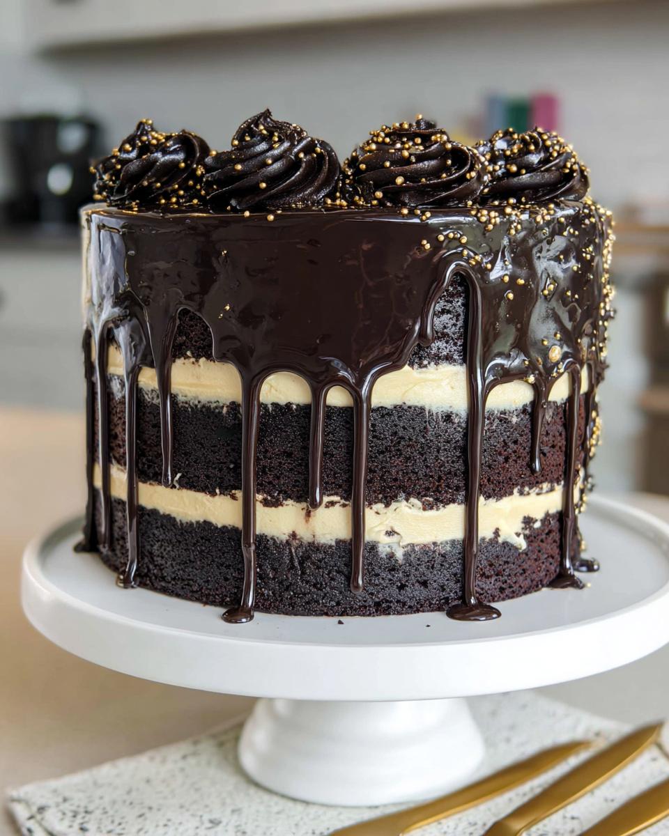 A tall, decadent Black and Gold Drip Cake featuring dark chocolate layers, cream filling, and glossy ganache drips.